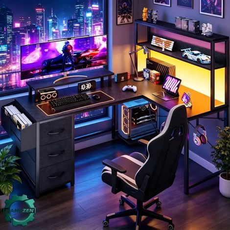 Manuzen - Bureau gaming d’angle en L avec LED, prises USB et rangements — Noir (1/5)
