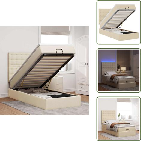 Cama con cabecero - vidaXL Cama otomana con colchón y luces LED tela crema 90x200 cm - Cama con mecanismo hidráulico