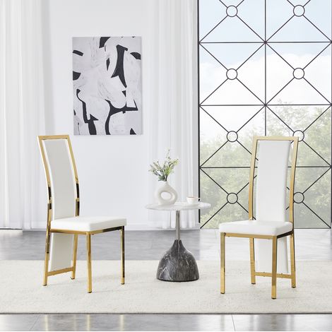 Silla de comedor de metal y PU blanco con detalles dorados, respaldo alto, set de 2,44×42.7×109cm (1/5)