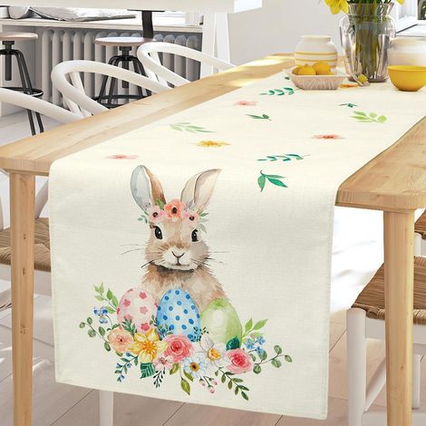 Ostern Tischläufer 40x180 cm mit Hasenmotiv, Leinen, Frühlingsdeko