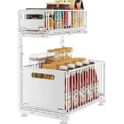Rangement sous Évier en Métal à 2 Niveaux avec Tiroir de Rangement Coulissant Étagère sous Évier Organiseur pour Cuisine et Salle de Bain Acier au Carbone Hauteur Réglable (Blanc-1 Pack)