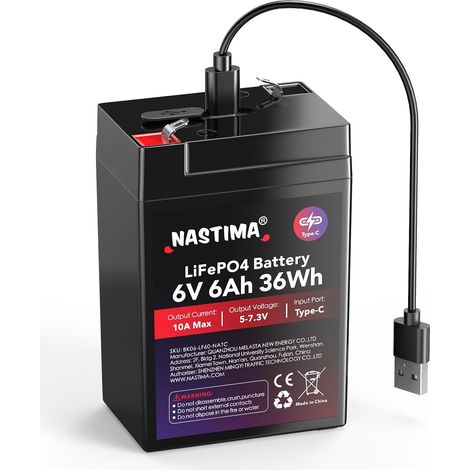 Batterie Rechargeable 6V 6Ah LiFePO4 avec Protection BMS et Cycle Profond 2000, Chargement Type-C, adaptée aux Kits de Éclairage Électrique de Secours, Voitures Jouets pour Enfants, Camping (1/5)