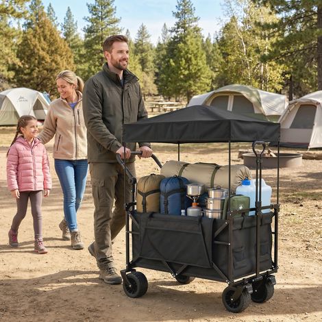 Chariot de jardin pliable avec grandes roues verrouillables, poignée réglable, porte-gobelet pour le camping, 125 x 59 x 133 cm, noir