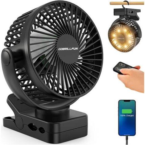 Ventilateur à pince de 15,2 cm (6 pouces) 12000 mAh avec télécommande, rechargeable par USB avec lumières LED, 3 vitesses, ventilateur à piles avec minuterie (noir profond) (6 Inch) (1/5)