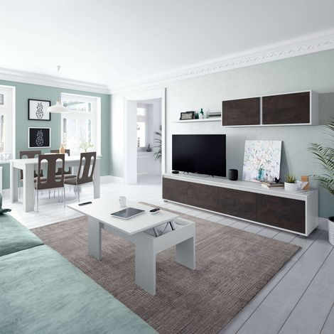 Pack de Muebles de Salón Estilo Industrial en Color Blanco y Óxido con Modulo de TV, Mesa de Centro y Mesa de Comedor