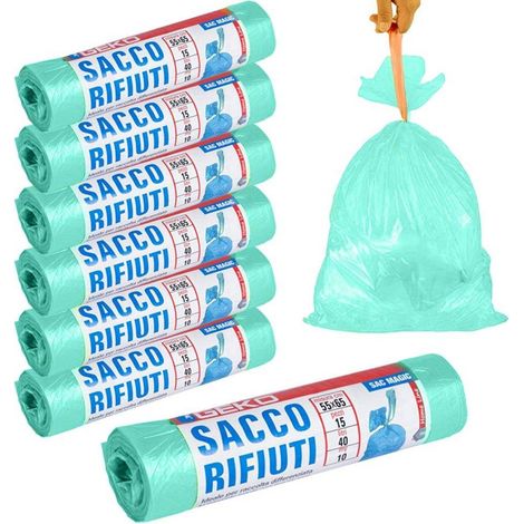 7x Rotoli Sacchetti Buste Spacetura 40lt 55x65cm Chiusura Laccetto Verde 105pz (1/5)
