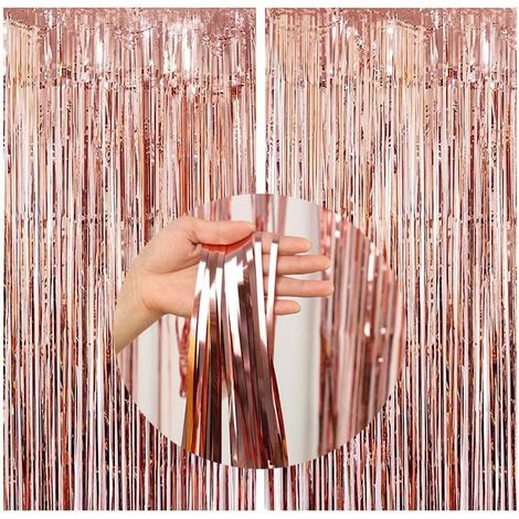 2 Pièces Rideau Métallique, Frange Aluminium Réfléchissant, Or Rose, Décoration Fête Anniversaire Noël
