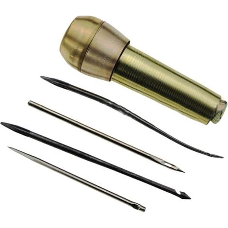 Punteruolo con manico in rame, manico in rame, 4 aghi da cucito, punteruolo manuale, kit di strumenti per la riparazione delle scarpe, kit di strumenti per cucire fai da te per la riparazione di tela 