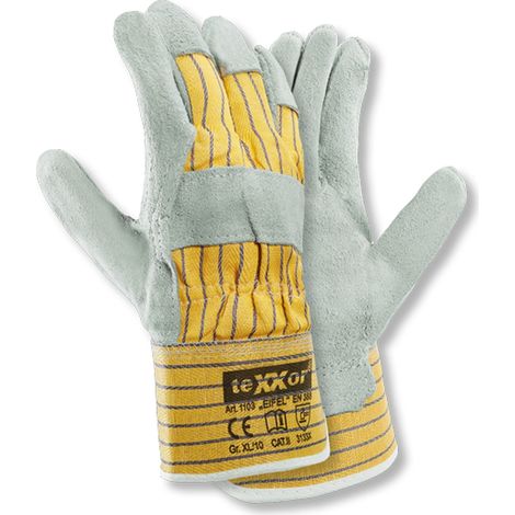 teXXor® Rindkernspaltleder-Handschuhe EIFEL, Leder Natur, Drell Gelb/Blau (1/4)