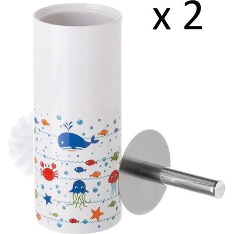 Lot de 2 brosse de toilette WC avec support, porte brosse WC en céramique coloris multicolore - Diamètre 10 x Hauteur 32 cm-JUANIO (1/4)