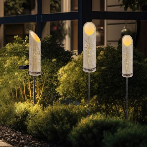 Lampada da presa in bambù, luce solare con picchetto, lampada solare in bambù, punzonature decorative, verde, LED bianco caldo, PxA 12x79,5 cm, set da 3