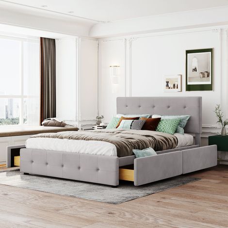Lit avec tiroirs 140x200 sommier inclus gris OKMYHOME (1/5)