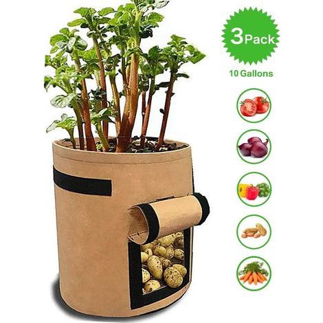 Pflanzbeutel für Kartoffeln, Tomaten und anderes Gemüse, atmungsaktives Vlies, Pflanzgefäß mit Klappe, Klettverschluss und Griff, 3 Stück, Garten, Khaki (1/4)