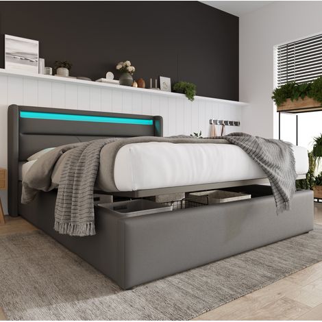 Lit coffre 160x200 cm en PU gris avec LED et rangement, pour chambre – sans matelas – MEUBLIV (1/5)