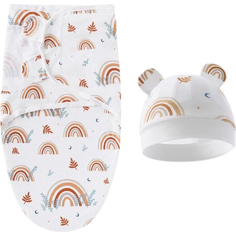 Emmaillotage bande dessinée blanc 0-6 mois + chapeau assorti, coton doux, design mignon unisexe (1/5)