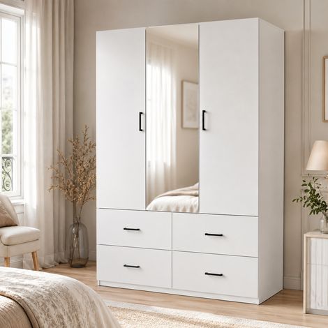 Armoire chambre blanche 130 x 51,8 x 181,5 cm, armoire avec 2 portes, miroir, 4 tiroirs, penderie, grande capacité, meuble de rangement, style moderne (1/5)