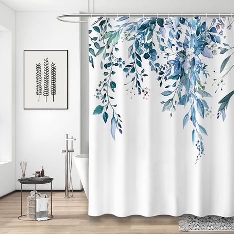 Ahlsen Cortina de Ducha de Flores con 12 Ganchos Cortina de baño de poliéster Impermeable Dobladillo Ponderado Lavable a máquina Secado rápido 150x180cm Azul (1/5)