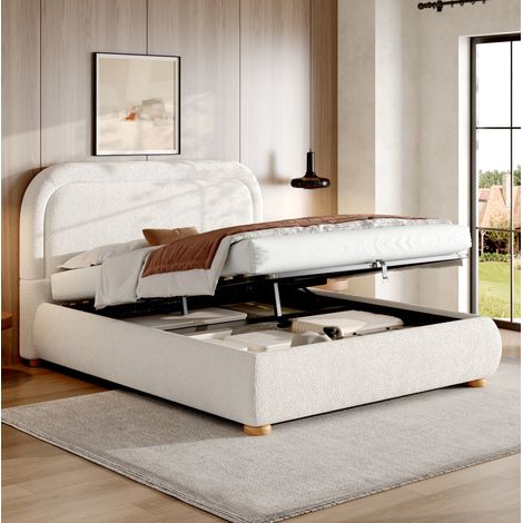 Letto con contenitore in bouclé bianco 160x200 cm, rete a doghe inclusa, testiera imbottita (1/5)