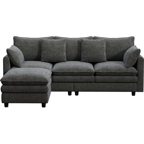 Sofá esquinero en L gris de chenilla con chaise longue móvil, 3 plazas, 4 cojines, 212 x 150 x 90 cm (1/5)