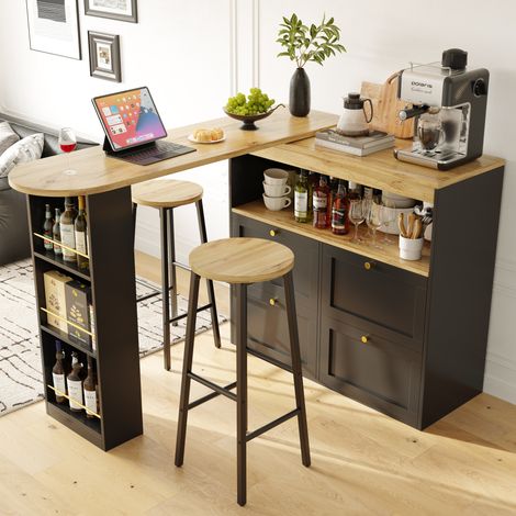 Set de bar avec îlot de cuisine, rangement et 2 tabourets noirs effet bois OKWISH (1/5)