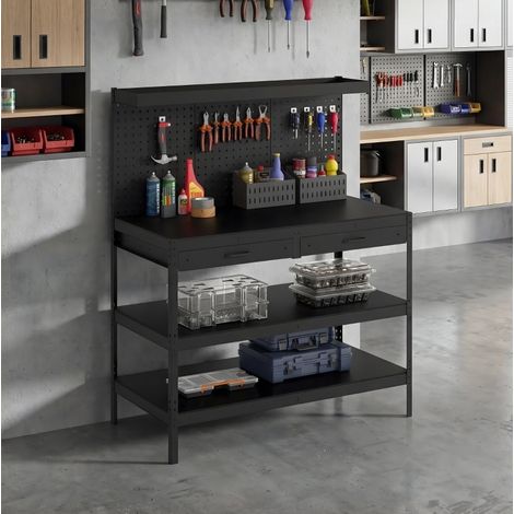 Banco de trabajo 122×61×156 cm de acero/MDF negro, 2 cajones y panel perforado – MEUBLIV (1/5)