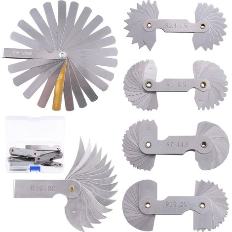Set di 6 calibri per raggi in acciaio inox, 5 misure R0.3-1.5/ R1-6.5/ R7-14.5/ R15-25/ R26-80 con calibro per spessore, 5 misure metriche e imperiali. (1/5)