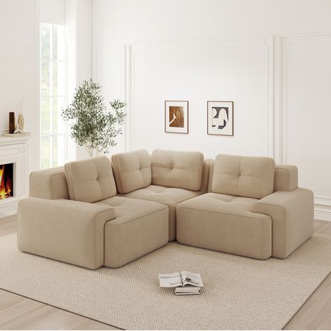 REDOM - Divano angolare modulare 177x104x69 cm, seduta profonda 74 cm, schiuma 32D, velluto a coste beige (1/5)