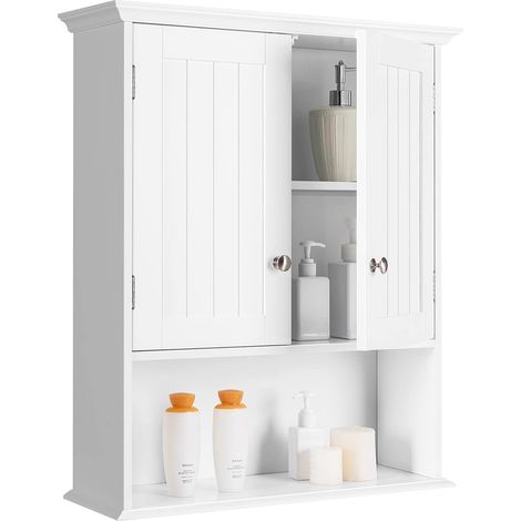 COSTWAY Badezimmerschrank, Wandschrank, Haengeschrank aus Holz mit Türen & verstellbaren Regalen, Mehrzweck-Lagerschrank, geeignet für Badezimmer Küche Schlafzimmer, Weiss (1/5)
