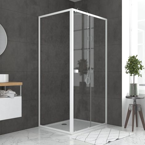 Porta doccia scorrevole bianca 100x185cm + Parete Laterale Fissa 90 vetro trasparente 5mm - WHITY slide 100