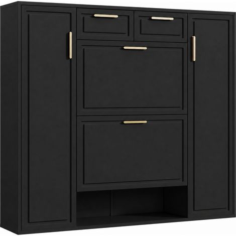 Meuble à chaussures noir avec 2 tiroirs, étagères réglables et portes, 95x24x107,5 cm (1/5)