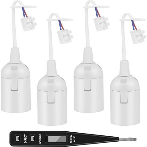 Lot de 4 Douille E27 avec Fil, Testeur Tension VDE, Support Plastique Blanc, Câble 12cm, Rénovation Éclairage (1/5)