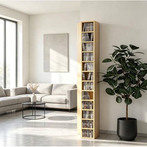 Multimedia-Aufbewahrungsturm für CD/DVD, 12 Ebenen, 21 x 20 x 175 cm, Naturholz OKMYHOME (1/5)