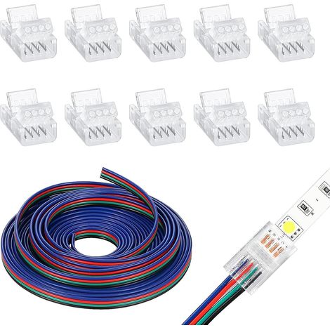 5m Câble d'extension Bande de LED 4 Broches, 22AWG 5V-24V avec 10 Connecteurs Rapides Ruban LED sans Soudure pour RGB 5050 10mm, Câble Alimentation Multicolore pour Éclairage Bande Flexible Intérieur (1/5)