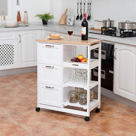 Costway – Desserte de cuisine en bois hévéa et pin – 3 tiroirs et 2 étagères ouvertes – Roulettes pivotantes 360° avec freins – Dimensions 67 x 37 x 83,5 cm