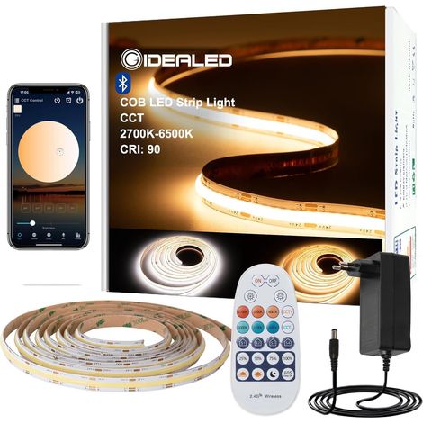 Kit de bande LED COB 5 m, CCT DC24V Dimmable 2700K-6500K Blanc chaud Blanc froid CW WW Bande LED Cob avec télécommande RF et application Bluetooth contrôlée pour l'éclairage ambiant DIY (1/5)