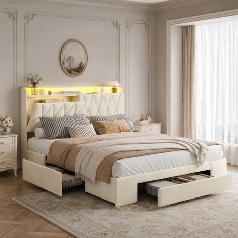 Cama de matrimonio 160x200 cm con 3 cajones, cabecero con almacenaje, estante con LED RGB y puertos USB Type-C, cama de terciopelo con somier de láminas, Beige (1/5)