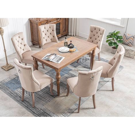 Chaises en velours beige avec dossier haut capitonné et pieds en bois massif, style élégant pour salle à manger, de 2 (1/5)