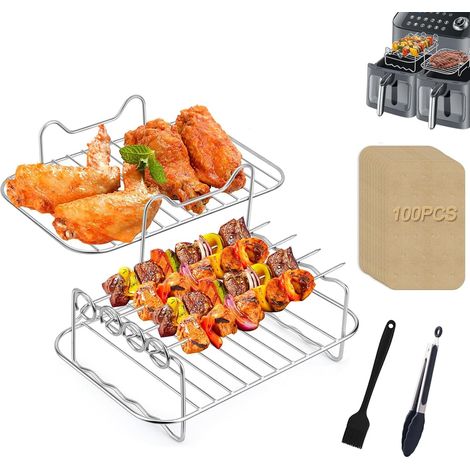 Accessoires pour friteuse à air double zone, 2 racks pour friteuse à air avec 100 papiers de cuisson, compatibles avec Ninja Foodi Air Fryer DZ201, DZ401, 5 pièces accessoires pour friteuse à air à do (1/5)