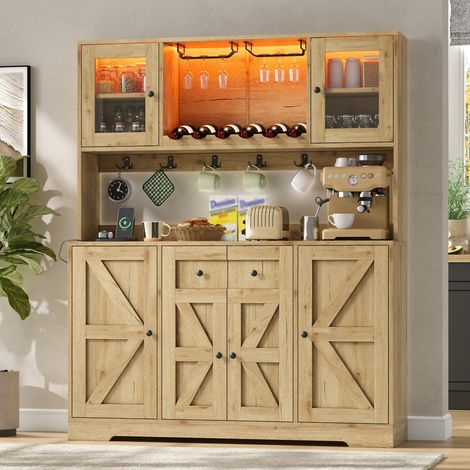 Vitrine, éclairage led, prises et recharge intégrées, éléments en verre, 140 x 40 x 173 cm, verre et MDF, bois naturel (1/5)