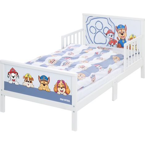 roba Letto per Bambini a Tema Paw Patrol - 70 x 140 cm - Rete a Doghe e Biancheria da Letto Incluse - Sponde Laterali - da 0 a 7 Anni - Materiali Certificati e Sicuri - Legno Laccato Bianco (1/5)