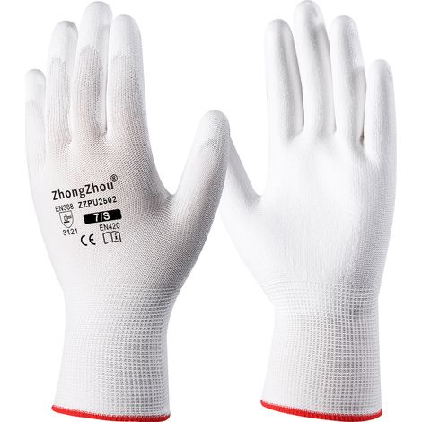 Gants blancs enduits de PU sur la paume – Taille L – Dos élastique, souples et précis, légèreté de manipulation