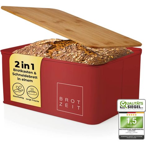 Boîte à Pain - Corbeille à Pain Rectangulaire Cuisine en métal pour Une fraîcheur Durable - Couvercle/Planche à découper en Bambou - 30,5 x 23,5 x 14 cm - Rouge