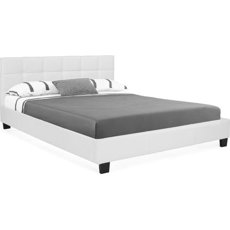 Idmarket – Lit double CHARLOTTE 160 x 200 cm – Tête de lit capitonnée – Sommier 24 lattes renforcé – Structure MDF – Revêtement PVC blanc (1/5)