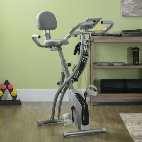 Cyclette pieghevole, attrezzo per allenamento a casa per adulti, 8 livelli di resistenza magnetica, sensori di pulsazioni manuali, schermo LCD multifunzione, sedile regolabile, acciaio, grigio, argent