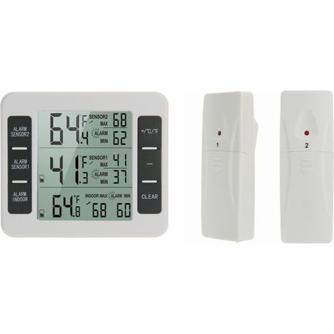 lot de 1 Thermomètre de Frigo Congelateur, Thermomètre de Réfrigérateur sans Fil avec 2 Capteurs, Alarme Sonore, Min/Max, Thermomètre in/Extérieur pour Maison Cuisine Restaurant Bars Café (1/5)