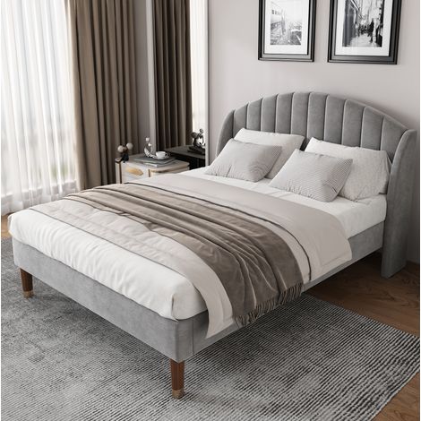 Cama tapizada moderna 160x200 cm de terciopelo gris con cabecero alto acolchado y somier de láminas (1/5)