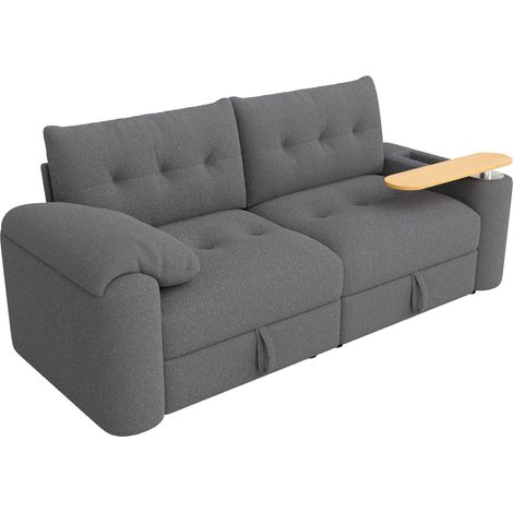 Petit canapé 3 places en peluche Teddy, modulaire avec espace de rangement, appui-tête et table d’appoint intégrée – canapé-lit peu encombrant pour appartement, salon et chambre d’amis, gris (1/5)