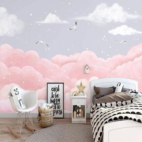Papier peint enfant nuages roses et oiseaux oniriques 1 - 150 x 250 cm (1/2)