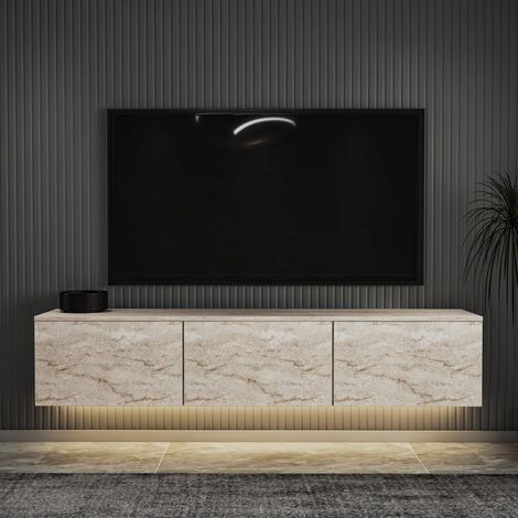 Support TV avec Option de Montage Mural, Finition marbre Travertine, 160 cm x 35 cm x 32 cm, revêtement en mélamine, épaisseur 18 mm, étagères Multiples pour Salon Moderne (1/5)
