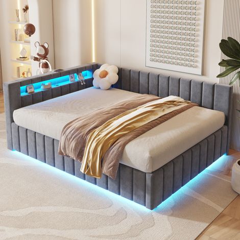 Canapé-lit rembourré 140x200, avec rangement hydraulique, éclairage LED et port de chargement USB, avec dossier, tête de lit et cadre de lit robuste, revêtement en velours gris, ancienne référence LDU (1/5)